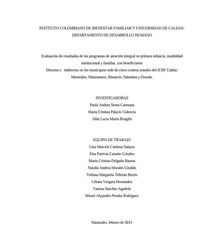 Portada de Evaluación de Resultados de los programas de atención integral en primera infancia, modalidad institucional y familiar Caldas