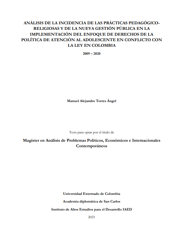 Portada de la investigación Análisis de la Incidencia de las Prácticas Pedagógico-Religiosas y de la Nueva Gestión Pública en la Implementación del Enfoque de Derechos de la Política de Atención al Adolescente en Conflicto con la Ley en Colombia