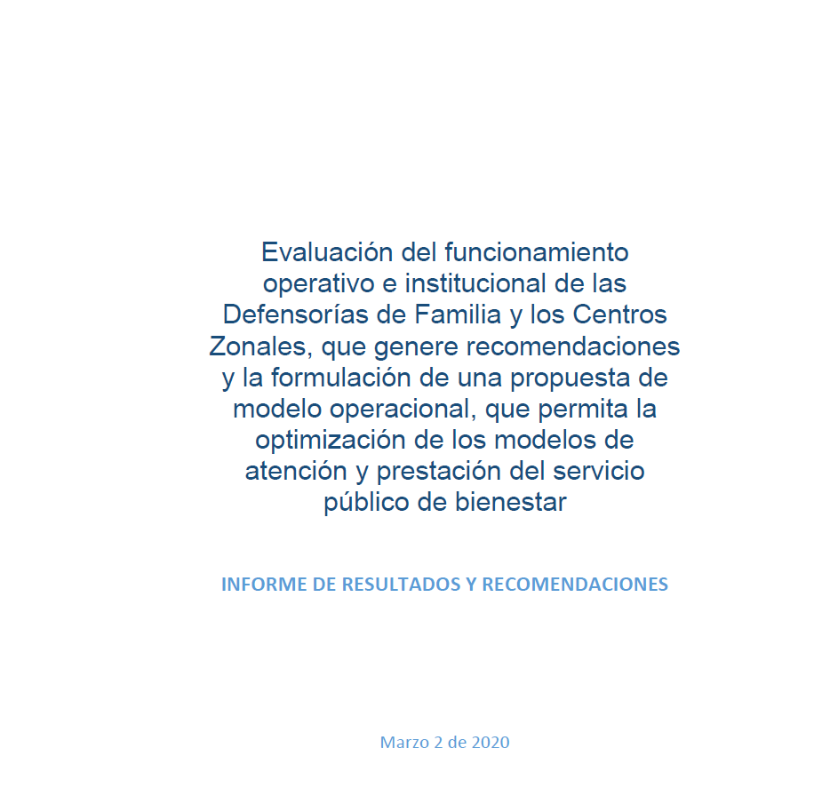 Portada de Informe de Evaluación del Funcionamiento Operativo e Institucional de las Defensorías de Familia y los Centros Zonales