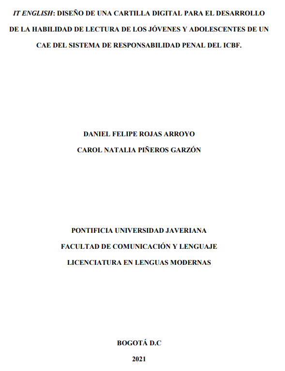 Portada de la investigación It English: Diseño de una Cartilla Digital para el Desarrollo de la Habilidad de Lectura de los Jóvenes y Adolescentes de un CAE del Sistema de Responsabilidad Penal del ICBF