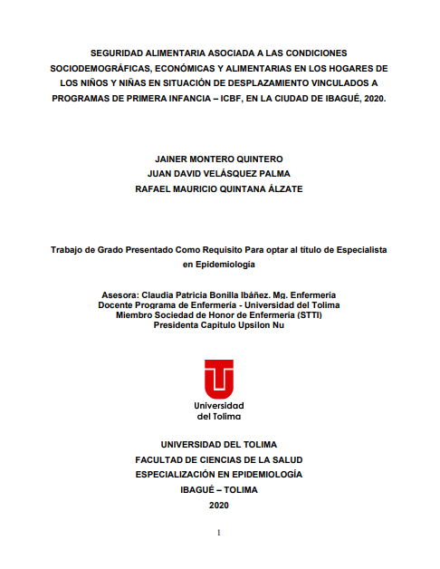 Portada del trabajo de investigación Seguridad Alimentaria asociada a las condiciones sociodemográficas, económicas y alimentarias en los Hogares de los niños y niñas en situación de desplazamiento vinculados a programas de primera infancia