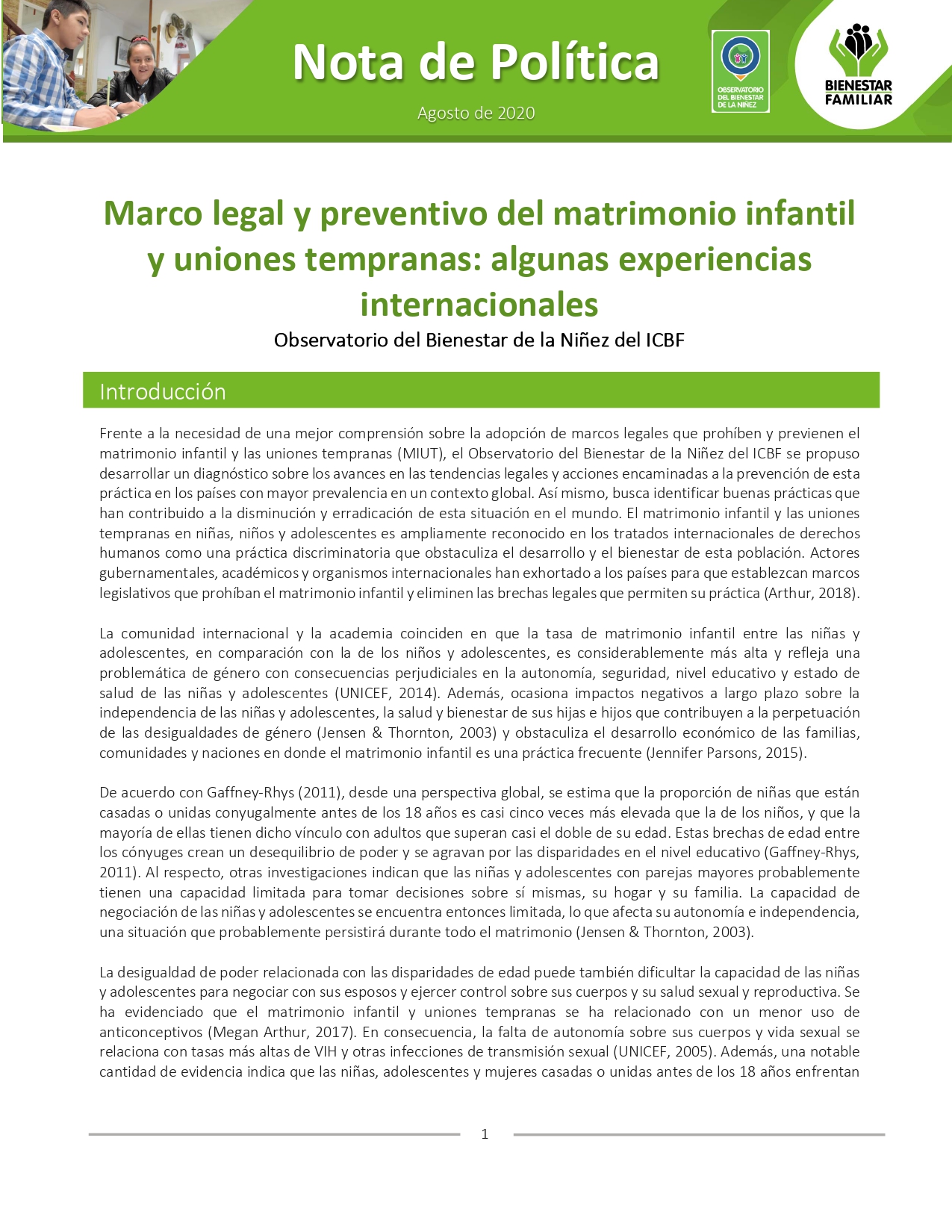 Marco legal y preventivo del matrimonio infantil y uniones tempranas: algunas experiencias internacionales